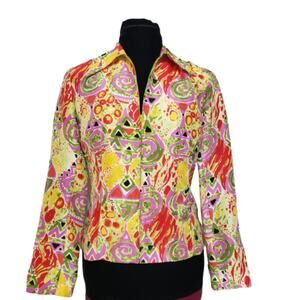 100% Silk Vibrant Colors Full Zip Abstract Print Suit Jacket Blazer 10 Artsy